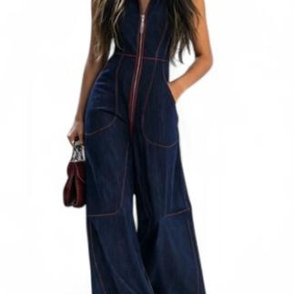 UOOZEE Women's High Waisted Sleeveless Zippered Stand Collar Jumpsuit